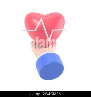 rendering 3d. Icona della frequenza cardiaca medica. Cartoon medico o cardiologo mano che tiene il cuore con linea cartografica. Illustrazione per il settore sanitario. Clip per elettrocardiogramma art.3D. Foto Stock