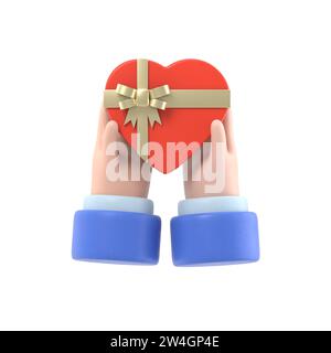 Regala il cuore a San Valentino con una dichiarazione d'amore. Tenendo il cuore nel palmo della mano con nastro e arco. Fate un regalo. Illustrazione disegno piatto.3D Ren Foto Stock