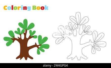 Pagina da colorare. Fantastica pianta. Tronco robusto e foglie grandi in stile cartone animato. Illustrazione Vettoriale