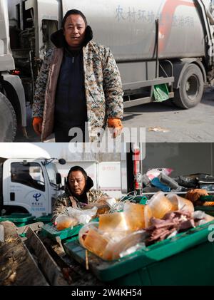 (231221) -- JISHISHAN, 21 dicembre 2023 (Xinhua) -- questa foto combinata mostra Zhang Yisifu, un operatore sanitario, si trova accanto a un veicolo sanitario (superiore) e Zhang Yisifu raccoglie rifiuti in un insediamento temporaneo nel villaggio Dahe della contea di Jishishan nella provincia del Gansu della Cina nord-occidentale, 21 dicembre 2023. Nella provincia del Gansu continuano gli sforzi ordinati di soccorso. (Xinhua/Fang Xin) Foto Stock