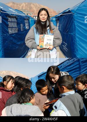 (231221) -- JISHISHAN, 21 dicembre 2023 (Xinhua) -- questa foto combinata mostra ma Xianghua, un volontario, si trova in un insediamento temporaneo (in alto) e ma Xianghua insegna ai bambini la conoscenza della sicurezza sismica nell'insediamento temporaneo nel villaggio Dahe della contea di Jishishan nella provincia del Gansu della Cina nord-occidentale, 21 dicembre 2023. Nella provincia del Gansu continuano gli sforzi ordinati di soccorso. (Xinhua/Fang Xin) Foto Stock