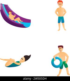 Le icone ricreative dell'Aquapark impostano il vettore dei cartoni animati. Persone durante le vacanze estive. Attrazioni acquatiche Illustrazione Vettoriale