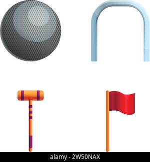 Le icone delle apparecchiature per croquet impostano il vettore dei cartoni animati. Mazzuolo da croquet, palla e bandiera d'angolo. Sport, stile di vita sano Illustrazione Vettoriale