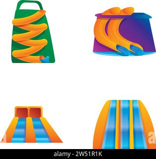 Le icone delle attrazioni acquatiche impostano il vettore dei cartoni animati. Vari scivoli d'acqua. Aquapark, parco divertimenti Illustrazione Vettoriale