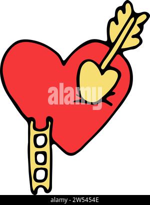 Scarabocchiate un grande cuore rosso con una freccia a spinta e una scala nelle vicinanze. Il concetto di amore, relazioni, fiducia. Schizzo vettoriale in stile cartone animato per Val Illustrazione Vettoriale
