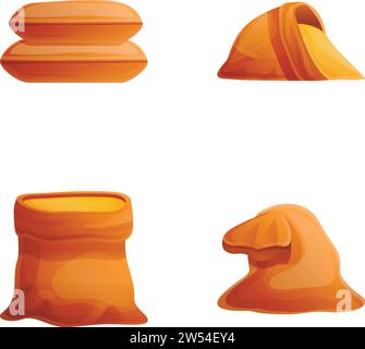 Le icone dei sacchetti di cereali impostano il vettore dei cartoni animati. Cereali e cereali in sacchetto di tessuto. Trasporto e stoccaggio del raccolto Illustrazione Vettoriale