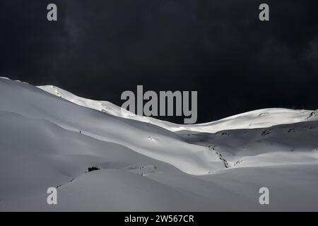 Extensive plateau with snow-covered mountains in the background and dramatic sky, Berlinger Koepfle, Ritzlern Kleinwalsertal, Vorarlberg, Austria Foto Stock