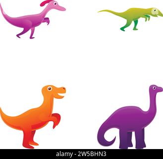 Simpatiche icone dei dinosauri impostano il vettore dei cartoni animati. Vari piccoli dinosauri. Personaggio dei cartoni animati Illustrazione Vettoriale