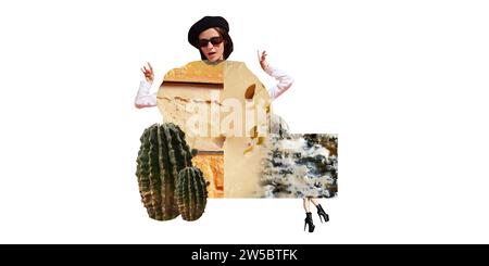 Giovane donna elegante con berretto e occhiali da sole con formaggio diverso sul corpo su sfondo bianco. Collage d'arte contemporanea. Foto Stock