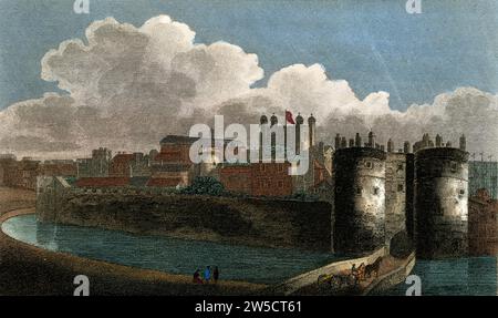 Incisione stampata intitolata,' View of the Tower,' inizio XIX secolo, Gran Bretagna. Illustrazione dell'articolo "Londra" nell'Encyclopedia Londinensis Foto Stock