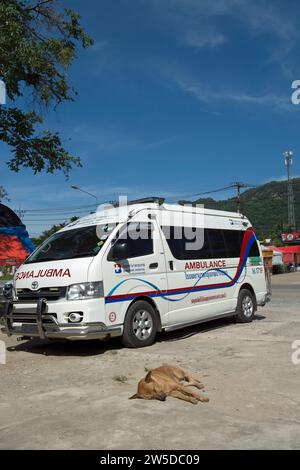 un cane dorme a terra di fronte a un'ambulanza di bangkok, a khao yai, thailandia Foto Stock