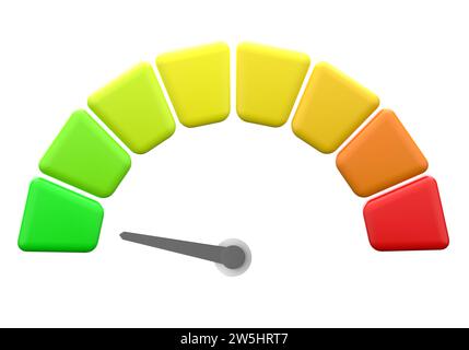 Scala di credito con punto freccia a cartoni animati minima velocità stato basso prestazioni dell'icona del tachimetro verde, livelli di rischio di valutazione del puntatore, indicatore, contagiri isolato Foto Stock
