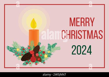 Cartolina di Natale con candela rossa festosa in rami di abete rosso con bacche rosse e testo di saluto. Per le vacanze. Vettore. Orizzontale Illustrazione Vettoriale