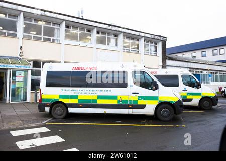 Ambulanza gallese ambulanze parcheggiate fuori dal Glangwili Hospital ambulatori a Carmarthen Dyfed Carmarthenshire Galles Regno Unito dicembre 2023 KATHY DEWITT Foto Stock