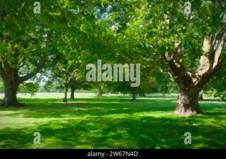 Arte digitale impasto degli alberi e del sole nell'Old Deer Park, Richmond-upon-Thames, Londra. Foto Stock