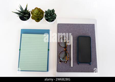 Direttamente sopra la foto delle forniture per ufficio con piccole piante e smartphone su una scrivania bianca Foto Stock