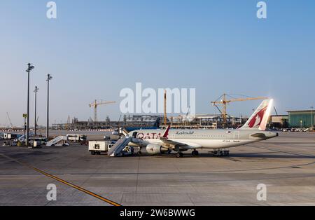 Vista laterale di un jet passeggeri Airbus A320-214 del Qatar Airways in piedi all'Aeroporto Internazionale Hamad di Doha, Qatar Foto Stock