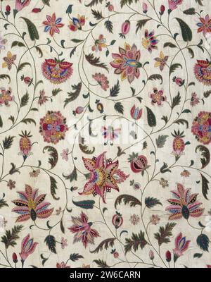 Frammento di un Coverlet ricamato in tessuto asiatico, anonimo, c. 1720 - c. 1740 frammento di un copriletto indiano tamburellato multicolore, decorato con volute e fiori. Cotone Gujarat (tessile). Twill di seta / ricamo frammento di copriletto indiano con tamburello multicolore, decorato con volute e fiori. Cotone Gujarat (tessile). twill di seta/ricamo Foto Stock