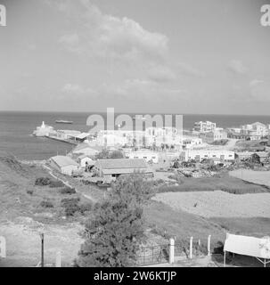 Vista su parte della città e sul Mar Mediterraneo da Lattaquia, California. 1950-1955 Foto Stock
