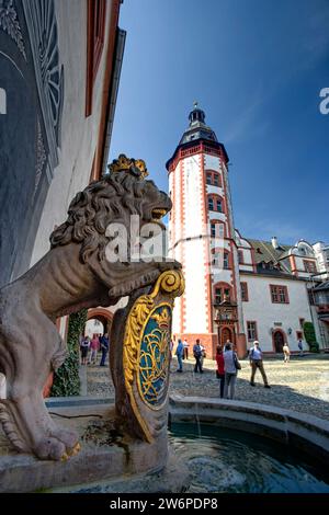 Nassau Lion, il cortile di Schloss Weilburg castello, Weilburg an der Lahn, Hesse, Germania, Europa Foto Stock