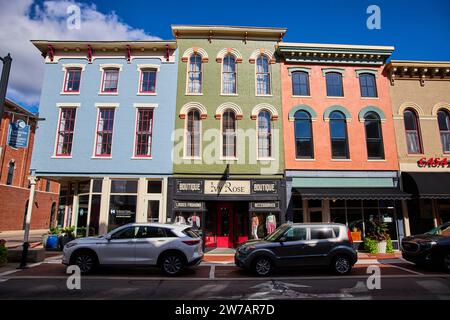 Colorata Historic Commercial Street a Muncie, Indiana Foto Stock