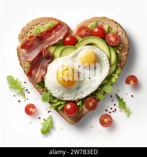 Sandwich per San Valentino a forma di cuore. Toast tostato con uova fritte, avocado, pancetta, pomodori ciliegini tagliati, spezie e basilico su un bianco Foto Stock