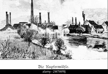 Scena della città di confine industriale Kupfermühle, confine danese con la Germania, XIX secolo, ex-dukedom Schleswig, oggi Danimarca, Germania, Europa centrale Foto Stock