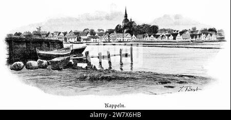 Ammira il fiordo di Schlei sulla città di Kappeln, Schleswig-Holstein, Germania settentrionale, illustrazione storica 1896 Foto Stock