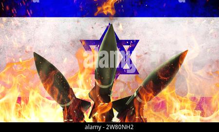 Missili d'urto armi e difesa aerea sullo sfondo di Israel Flag con Fire and Sparks, concetto. Guerra in Israele. Attacchi terroristici di Hamas Foto Stock