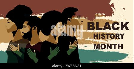 Evento del mese della cronologia nera. Profilo silhouette persone africane e afroamericane. Gruppo etnico di neri uomini e donne. Uguaglianza razziale - giustizia Illustrazione Vettoriale