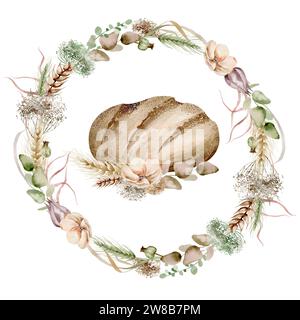 Pane marrone circondato da una corona rustica di grano intrecciato e fiori selvatici, su sfondo bianco. Illustrazione dell'abbondanza, della tradizione e dell'artigianato. Foto Stock