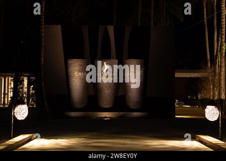 Maldive - primo piano di tre grandi vasi moderni illuminati di notte con il logo bianco del Cheval Blanc Randheli resort Foto Stock