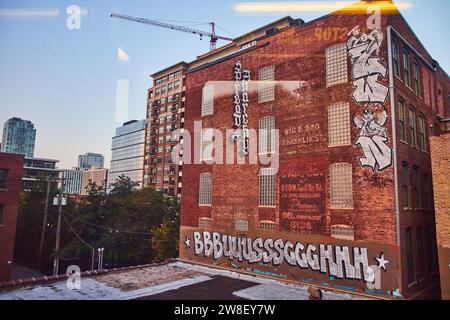 Graffiti su un edificio in mattoni rossi con gru da costruzione a Chicago vista dalla finestra di un treno invisibile Foto Stock