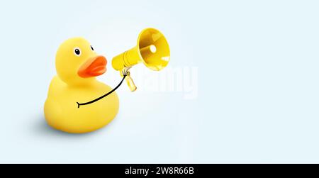 Creativi e divertenti Duck gialli con Un altoparlante su sfondo blu. Yellow Press and News, Concept. Marketing, idea creativa. Traffico di guida e A. Foto Stock