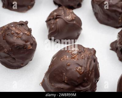 Un accattivante primo piano di caramelle svedesi di pan di zenzero fatte a mano adornate con cioccolato fondente e cosparse di scaglie di sale marino, splendidamente presenti Foto Stock