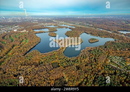 Vista aerea, Sechs-seen-Platte, area ricreativa, circondata da alberi decidui autunnali, Wedau, Duisburg, area della Ruhr, Renania settentrionale-Vestfalia, Germania Foto Stock