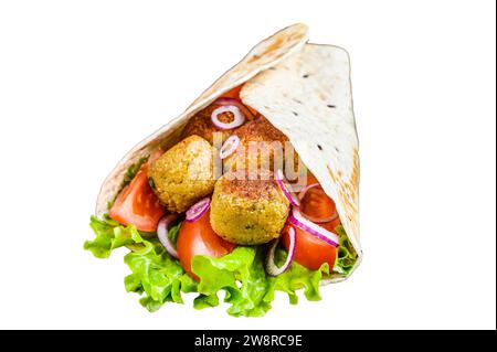 Tortilla vegetariana con falafel e insalata fresca, tacos vegani. Isolato su sfondo bianco, vista dall'alto Foto Stock