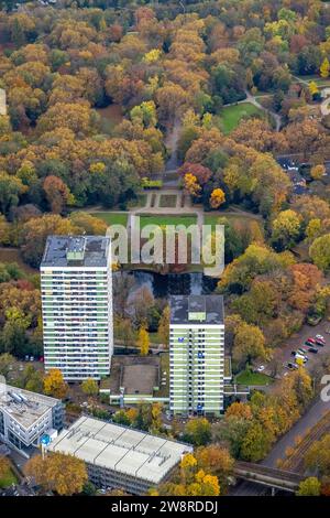 Vista aerea, PLAZA Hotel Hochhäuser am Stadtpark con laghetto e giardino cittadino, circondato da alberi decidui autunnali, città vecchia, Gelsenkirchen, zona della Ruhr Foto Stock