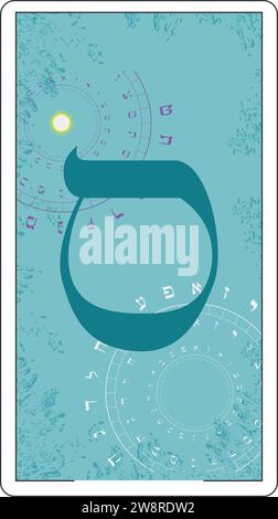 Disegna una carta di tarocchi ebraici. Lettera ebraica chiamata Samekh Large e Blue. Illustrazione Vettoriale