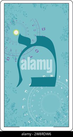 Disegna una carta di tarocchi ebraici. Lettera ebraica chiamata Mem Large e Blue. Illustrazione Vettoriale