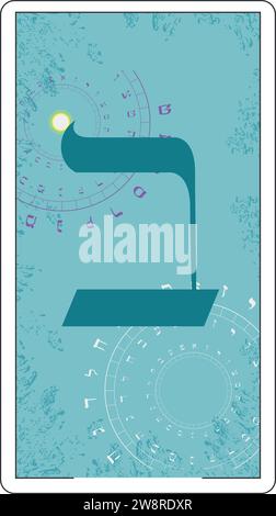 Disegna una carta di tarocchi ebraici. Lettera ebraica chiamata Beth Large e Blue. Illustrazione Vettoriale