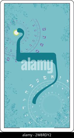 Disegna una carta di tarocchi ebraici. Lettera ebraica chiamata Lamed Large e Blue. Illustrazione Vettoriale