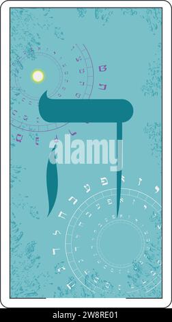 Disegna una carta di tarocchi ebraici. Lettera ebraica chiamata Hei Large e Blue. Illustrazione Vettoriale