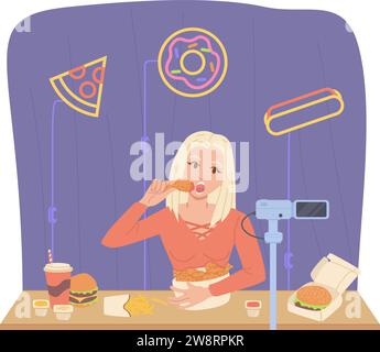 Concetto di blogger Mukbang. Ragazza che mangia cibo con la fotocamera sullo sfondo dell'ufficio domestico. Pollo, patatine fritte, hamburger, cola. Illustrazione del vettore di stock in piano Illustrazione Vettoriale