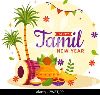 Felice illustrazione vettoriale del nuovo anno Tamil con Vishu Flowers, Coconut, candela, POTS e Indian Hindu Festival in Flat Cartoon background Design Illustrazione Vettoriale