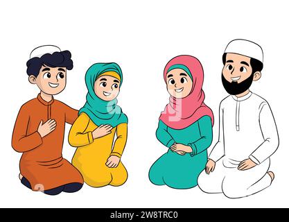 Famiglia musulmana tradizionale. Illustrazione vettoriale piatta famiglia araba in abiti nazionali Illustrazione Vettoriale