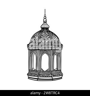 Lanterna sospesa Ramadan Kareem, icone della linea di lampade. Elemento di design arabo. Decorazione islam. Saluto garland. Festa musulmana. Illustrazione vettoriale. Illustrazione Vettoriale