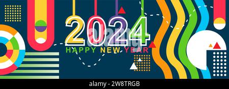 Modello geometrico di design di sfondo astratto 2024 felice anno nuovo. Striscione vettoriale felice anno nuovo con moderno arcobaleno geometrico. vettore Illustrazione Vettoriale