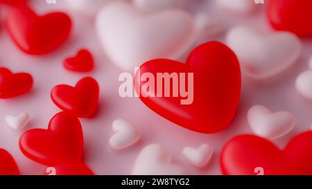 Sfondo con pattern di forma a cuore bianco e rosso, rendering 3d. Foto Stock