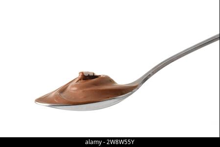 Dettaglio del cucchiaio metallico di crema di cacao isolato con fondo bianco. Vista frontale. Foto Stock